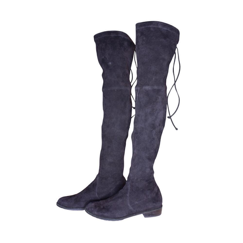 Stuart Weitzman Over the Knee Black Suede Boots Stretch Flats Size 7M